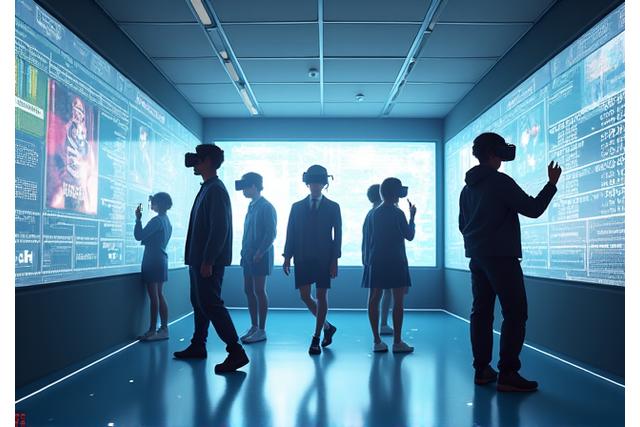 未来の学習環境のイメージ。生徒がVRヘッドセットを使用し、インタラクティブなホログラムとAIアシスタントが支援している。