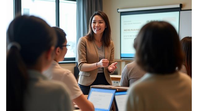 未来の教室で生徒と交流する笑顔の教師