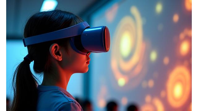 VRヘッドセットを装着し、没入型仮想現実空間で学ぶ学生