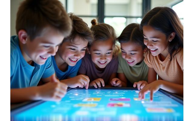 様々な背景を持つ学生たちがインタラクティブな画面で協力して学んでいる様子