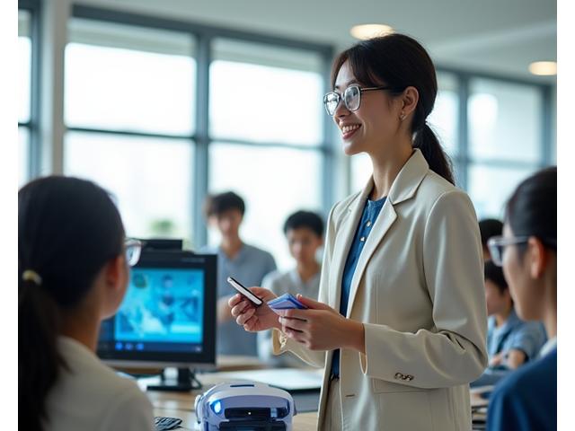 現代の教室で生徒たちとテクノロジーを活用する笑顔の先生